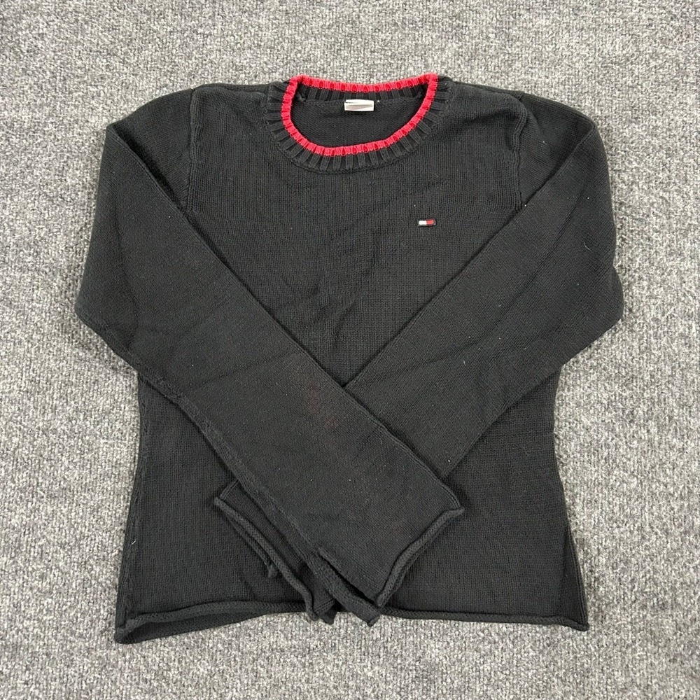 Tommy Jeans Sweater Womens Size L Black Red Ringer Crew Neck Cotton Knit Logo